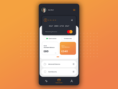 Soldo - Fintech App andriod android app bahur78 bank card banking banking app business credit card dark mode dark ui finances fintech ios app limit mobile app mobile design mobile ui payment payment app spendings