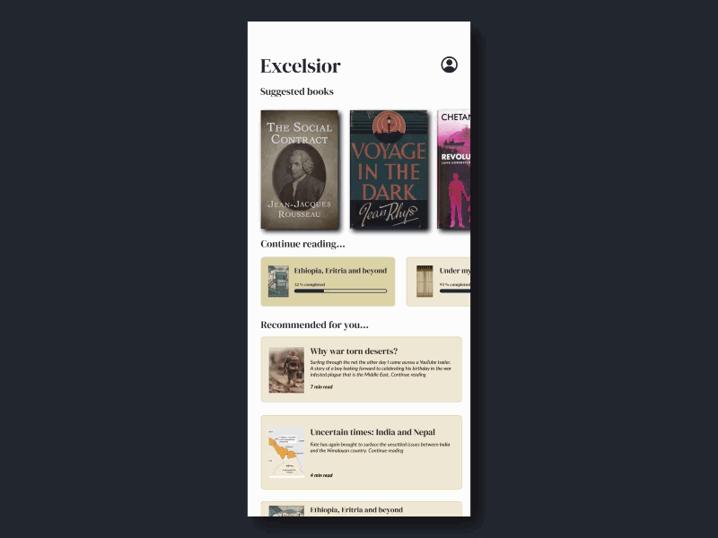 Literary club mobile app UI animation