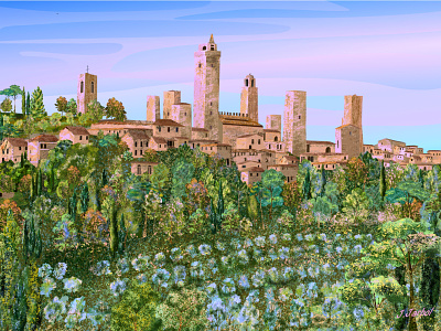 Medieval skyscrapers 🇮🇹 architechture architectural bookillustration city illustration digital art digital illustration digital painting illustration italy medieval mural design olive trees poster design skyscrapers toscana travel illustration tuscany vector art vector illustration vector painting