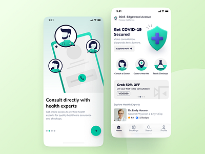 Onboarding & Homescreen- Doctor's Appointment Booking iOS App appointment booking app booking covid 19 design icon illustration ios app design onboarding ui ux