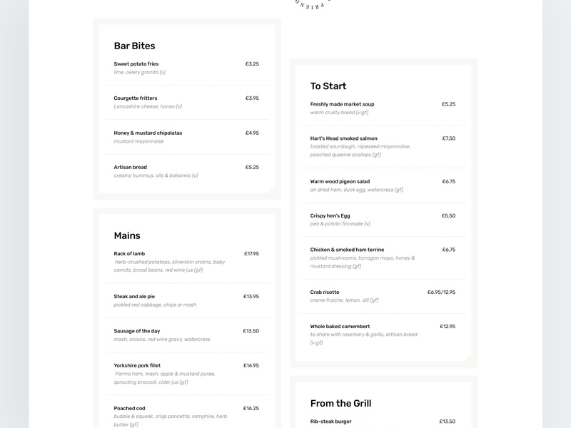 Harts Head - Menu website design typography user experience eat menu food user interface layout design web ux ui
