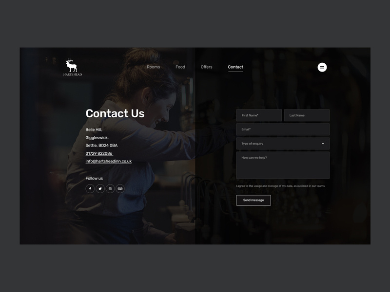 Harts Head - Contact Page form contact social icons user experience typography user interface layout design web ux ui