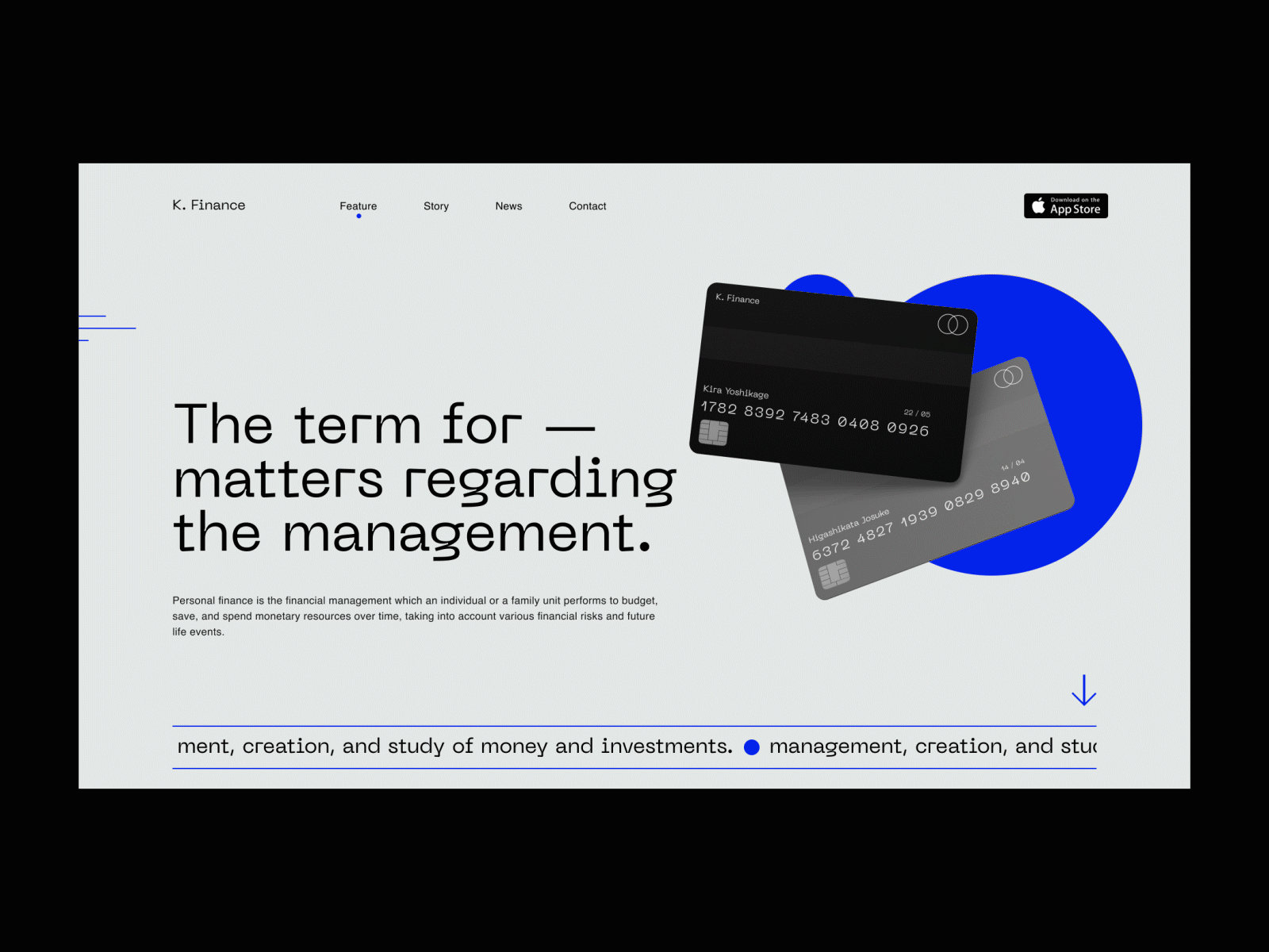 K. Finance, Financial Landing Page concept design finance gif graphicdesign interface minimal minimalist motion typogaphy ui uidesign uiux ux web webdesign