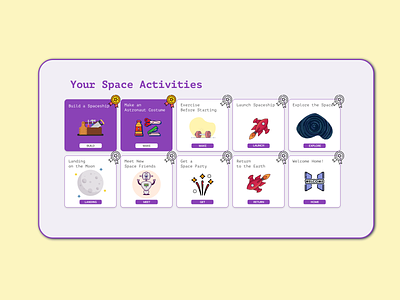 Thematic activities for children app design box design illustration modal rocket space ui ux violet website yellow