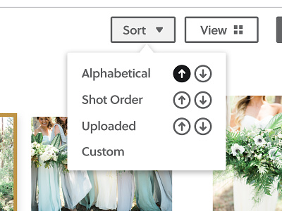 Improved Sort Options alphabetical arrow custom date down dropdown gallery options order photography sort sort by up uploaded view wedding