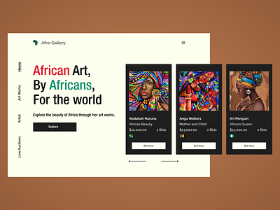 Afro-Gallery African Art Store art artist artwork bidding explore figma gallery art hero section ui uiux ux web webdesign webpage website
