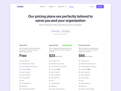 Baiile SaaS Pricing page