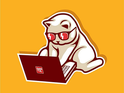 Admin cartoon cartoons cat character cool cute design digital fun glasses illustration laptop object vector white yellow