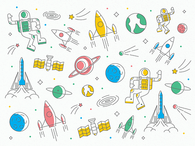 Space Pattern astronaut icons illustration line art offset pattern planet rocket space vector