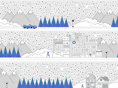 Winter Drive II car city holidays illustration line art snow snowman winter