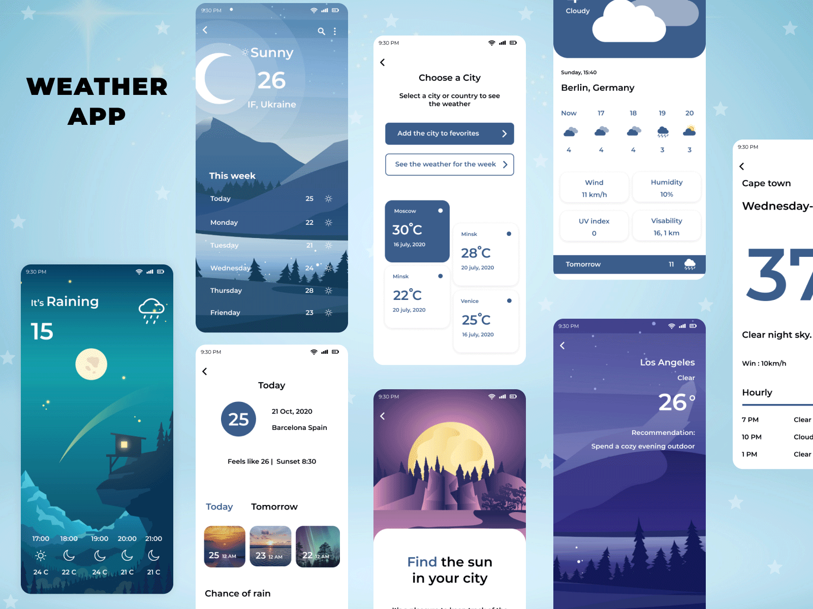 Weather app app app concept cloud design illustration minimal mobile mobile ui moon rain snowfall sun sunny ui ux weather weather app weather forecast weathertheme wind