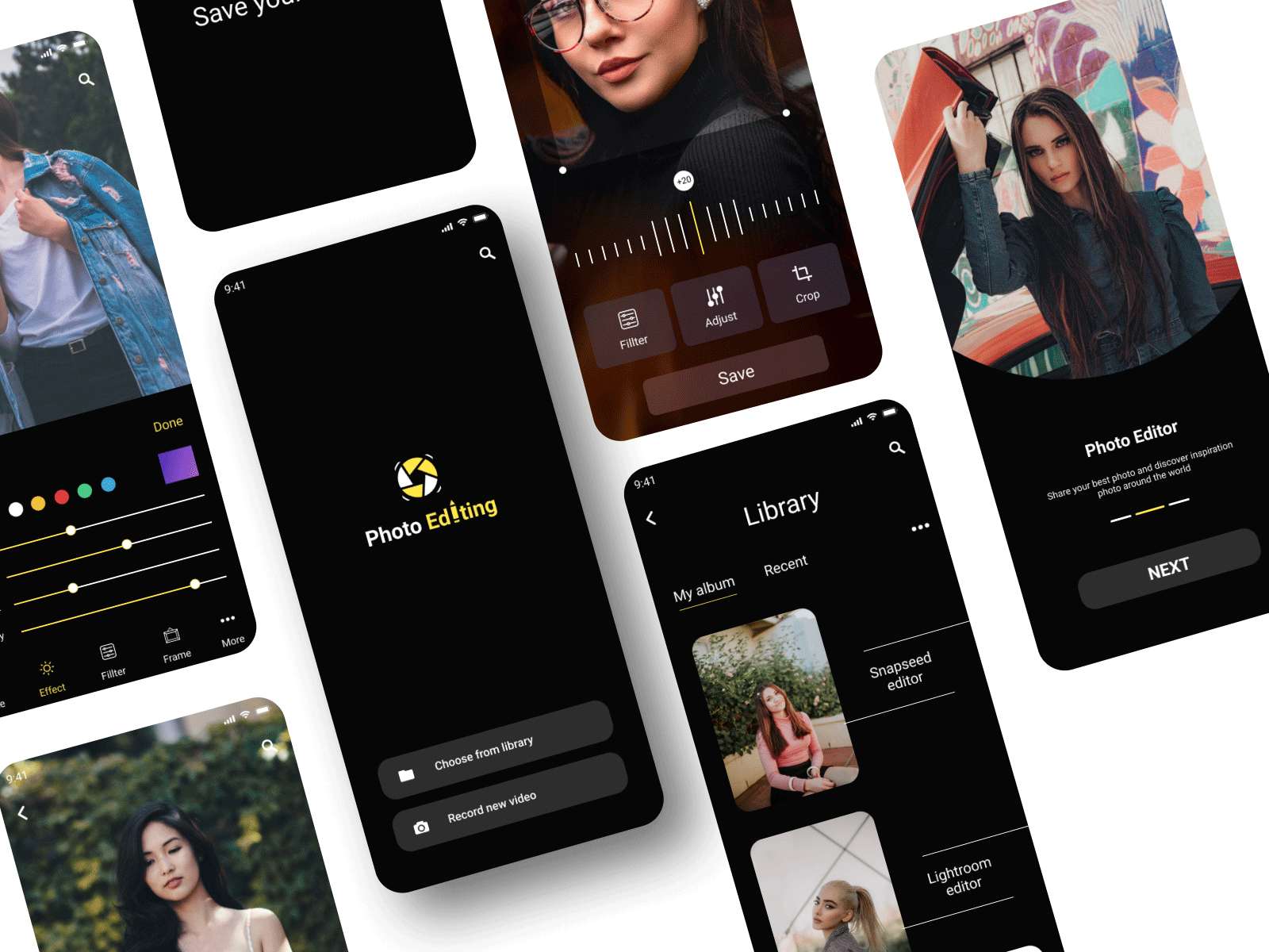 Photo editor app black camera dark mode dark ui design edit editing gallery mobile app photo photo app photo editing photo editor photo filter photography profile typography ui ui ux uidesign