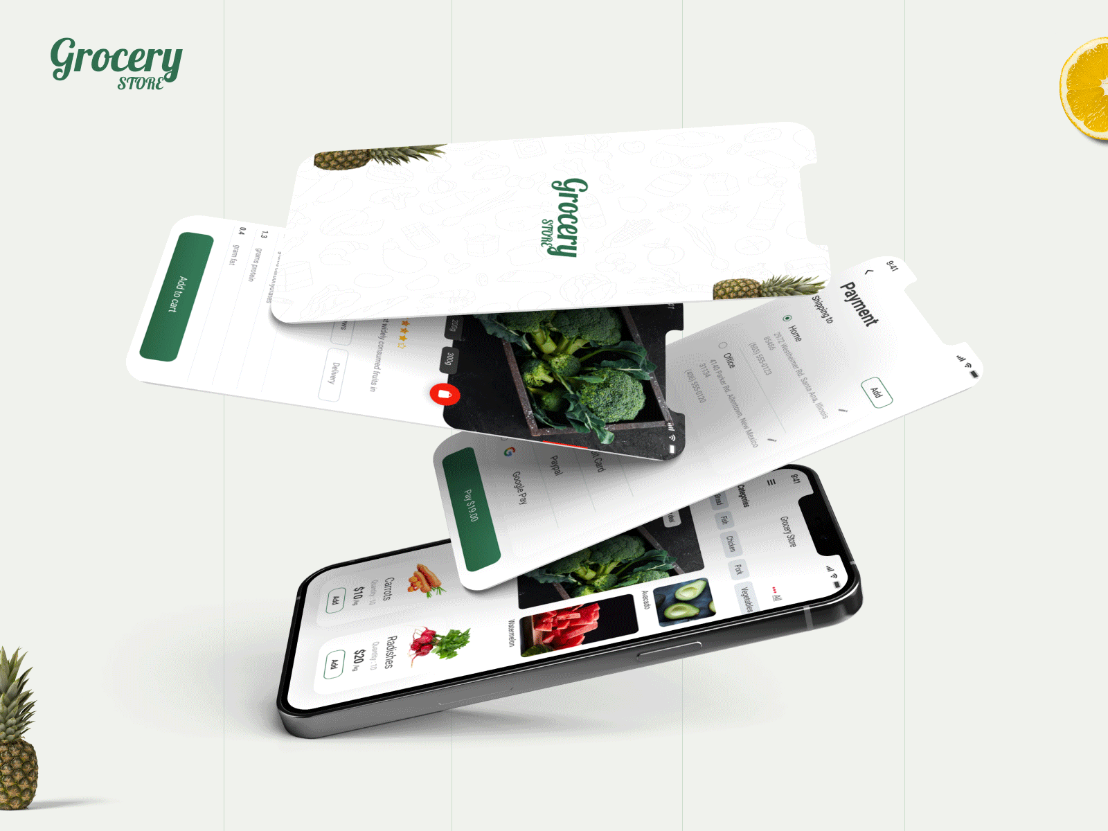 Grocery - Delivery App app app design card clean cook delivery ecommerce food grocery grocery app grocery store meal minimal online shop online store recipe ui ui design ux design vegetables