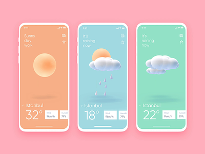 Weather App 3d icon 3d illustration animation app cloud design illustration iphone mobile rain sun ui ux weather