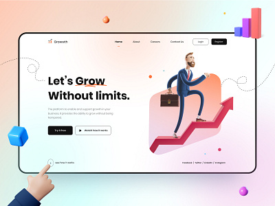 Business Growth Landing Page 3d character 3d design banner exploration business businessman clean colorful figma growth hero banner hero header illustration landing page minimal scale up soft gradient ui vector web website design