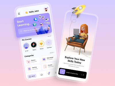 Learning App 3d illustrations android apple courses education figma graphics design ios app learning app mobile app mobile screens mobile ui soft gradient students technology ui design web design courses