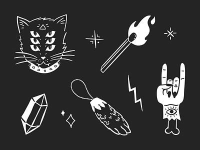 Accomplice Shirt Illustrations accomplice black and white cat crystal fire hand drawn illustrations matches occult rabbit foot rock and roll witchy