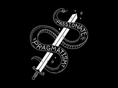 Passionate Pragmatism accomplice black and white handdrawn illustration occult snake sword weapon