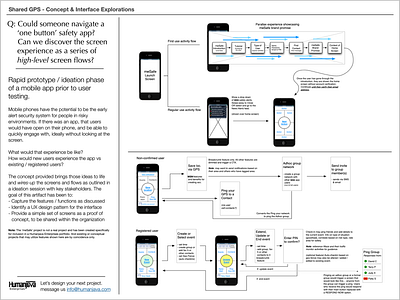 UX exploration - "What if..." of a 1-button safety app annotations cx mobile app one pager ux wireframes