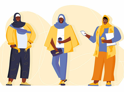 Modern young Muslim women wearing trendy clothes and hijab. african woman american arabic cartoon character diversity east fashion flat girl hijab illustration islam modern muslim outfit people person style woman