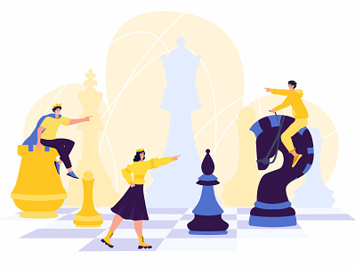 Chess game cartoon character chess chessboard flat gambit game idea illustration king man mind movement people queen tactical tactics woman