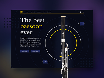 Bassoon landing page bassoon blue darkmode design instrument landing landing page music musical instrument shop now ui uidesign ux uxdesign uxui webdesign