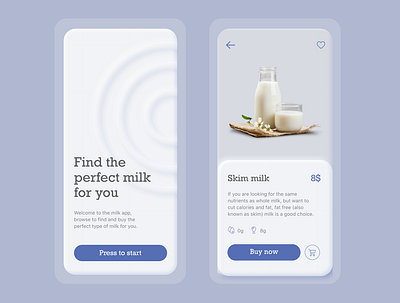 Milk App Concept app app design button buy now cart colors milk mobile product shadows shopping store ui white