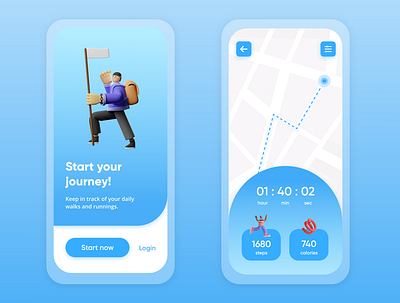 Running App 3d app app design blue button colors design fitness flat illustration map mobile running track ui walks