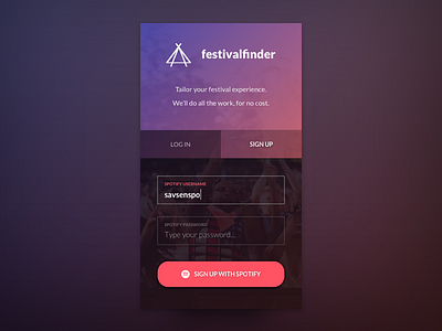 festivalfinder - Mobile sign up app create account iphone log in mobile phone register sign in sign up signup spotify