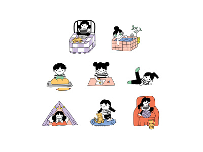 Little Homebodies baking cat character cute art cutie drawing homebody icon design icons illustration kawaii knitting netflix quarantine stay at home vector vector icons