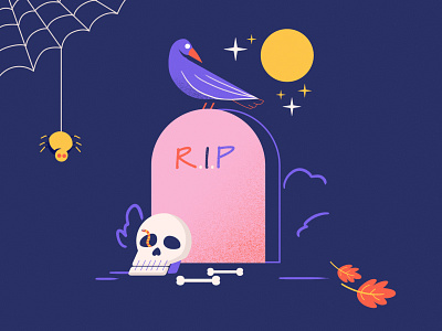 Graveyard on Halloween bone digitalart digitalpainting graphic design graveyard halloween illustration raven skull spider