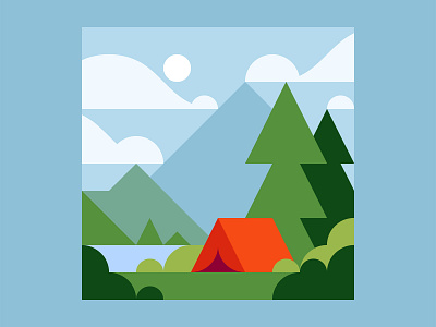 Camping - Day camping clouds explore illustration lake landscape minimal minimal landscape mountain nature outdoors sky sun sunshine tent tree vacation vector water