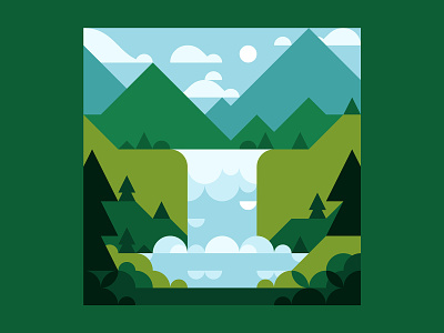 Waterfall clouds explore forest illustration lake landscape minimal minimal landscape mountains nature outdoors outside park sky sun sunshine trees vector water waterfall