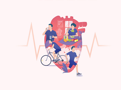 Healthy Heart app beat bike cycling design drink eat flat healthy healthyfood heart illustration man minimal people running ux vector water web