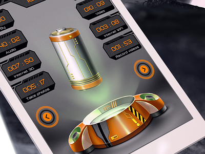 Battery Control Application 2 application battery cpu digital drawing gray green illustration ipad iphone orange skeuomorphism ui design