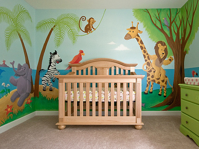 Nursery Mural giraffe kids room lion monkey mural nursery painting zebra