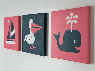 Whale, Pelican, & Boat Paintings boat pelican pink and navy whale