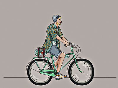 Bike with pet artwork bike character character design digital illustration flat design illustration lineart man relax