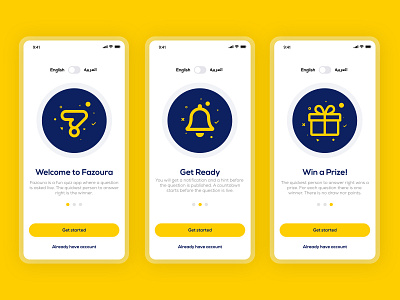 Fazoura onboarding 💛 design flat design game game ui icons product design question quiz ui uiux design ux yellow