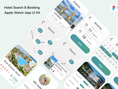 Hotel Search & Booking Apple Watch App UI Kit app apple watch design smart smart watch ui ui design ui kit user interface ux ux design watch