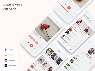 Listen to Music App UI Kit app design listen music player playlist podcast radio ui ui design ui kit ux