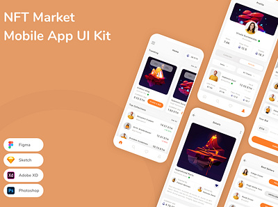 NFT Market Mobile App UI Kit app blockchain design digital art nft nft marketplace nft platform ui ui design ui kit ux