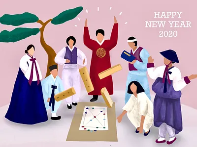 Happy Korean New Year design digital art family hanbok holiday illustration ipad korea procreate