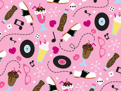 Pattern Design - 50s 50s cute dance glasses illustration jazz music patterns record shake shoes smoothie