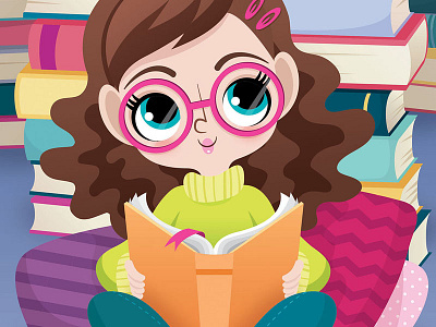 So Many Books, So Little Time art book cat cute design girl glasses graphic illustration reading