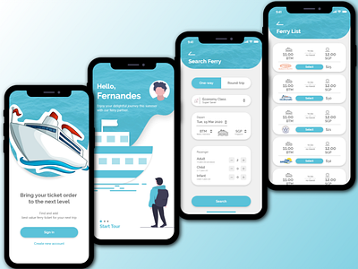 Ferry Ticket App Design blue design ferry holiday illustration mobile app mobile app design ticket app ui ux
