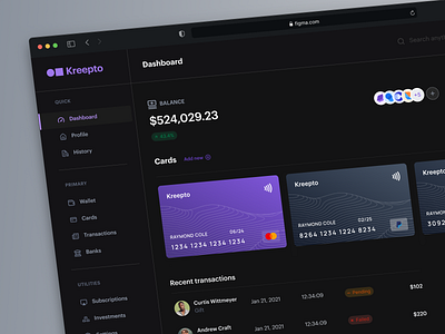 Kreepto - Finance Dashboard Dark Mode app dark dark mode dashboard design finance landing page ui menu ui