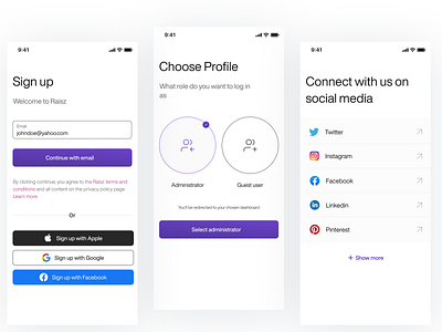Profile, Signup, Connect administrator app connect design instagram media share sign up social socials twitter ui