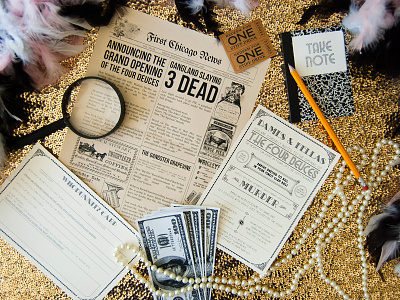 Speakeasy Murder Mystery 1920s art deco gatsby invitation newspaper paper party print suite typography