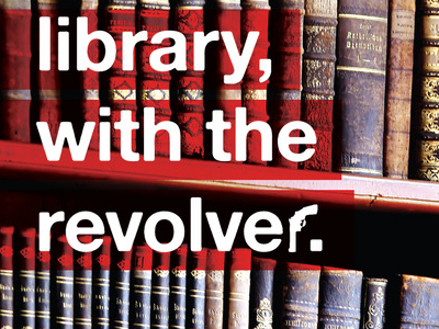 in the library, with the revolver books brown clue game gun library photography poster red typography